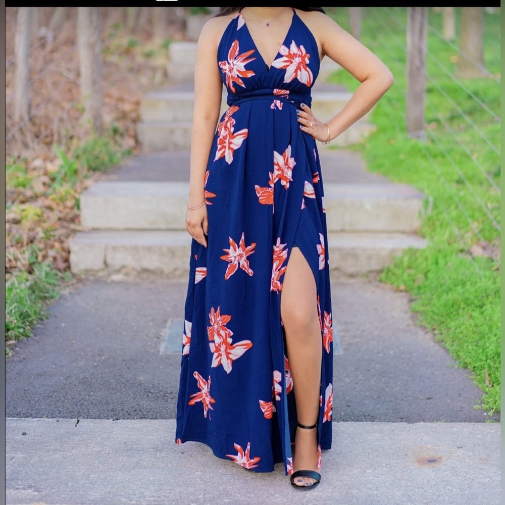 Floral Halter Maxi Dress in Navy with Red-Orange Blooms